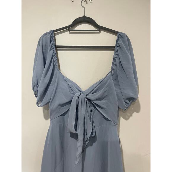 NWT Barbie x Azazie Chiffon A-Line Dress with Puff Sleeve Dusty Blue Women's 6A - Picture 5 of 8